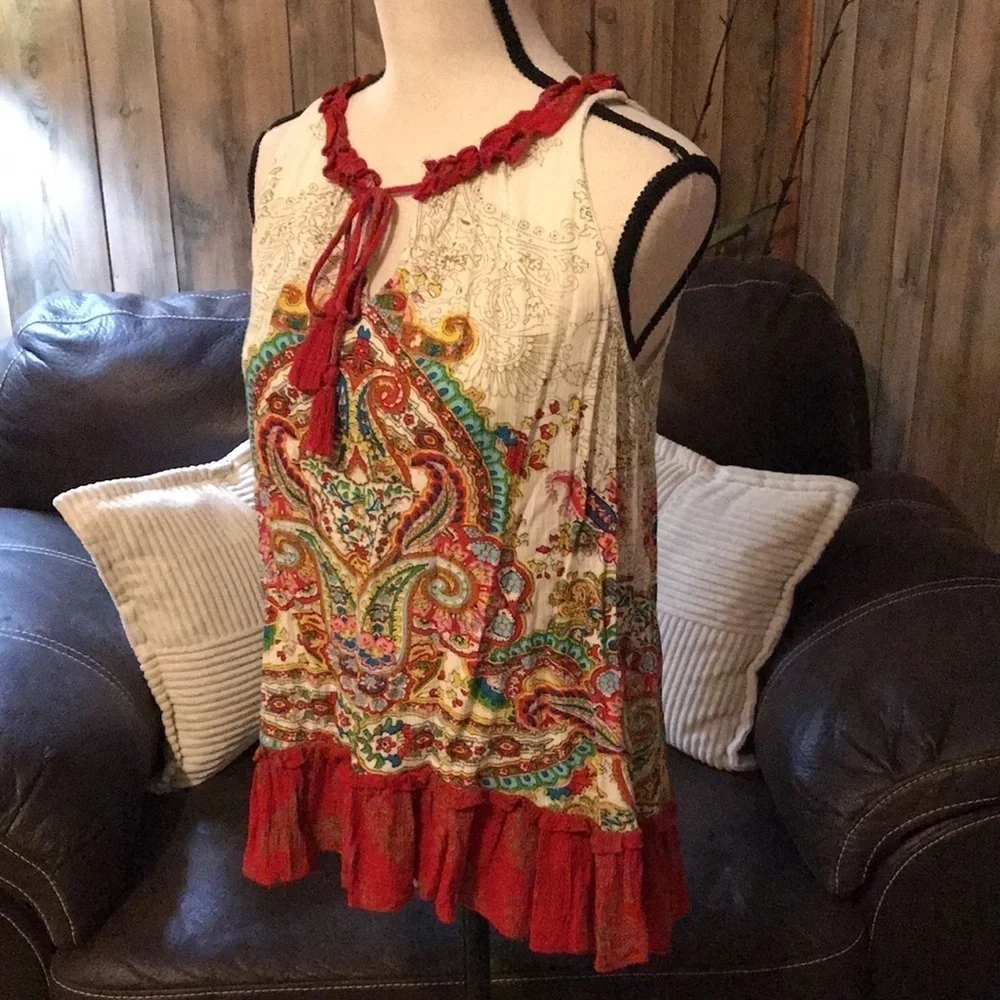 Bila Bohemian Tank Large Paisley Ruffles Scoop Neck Colorful Women's Sleeveless